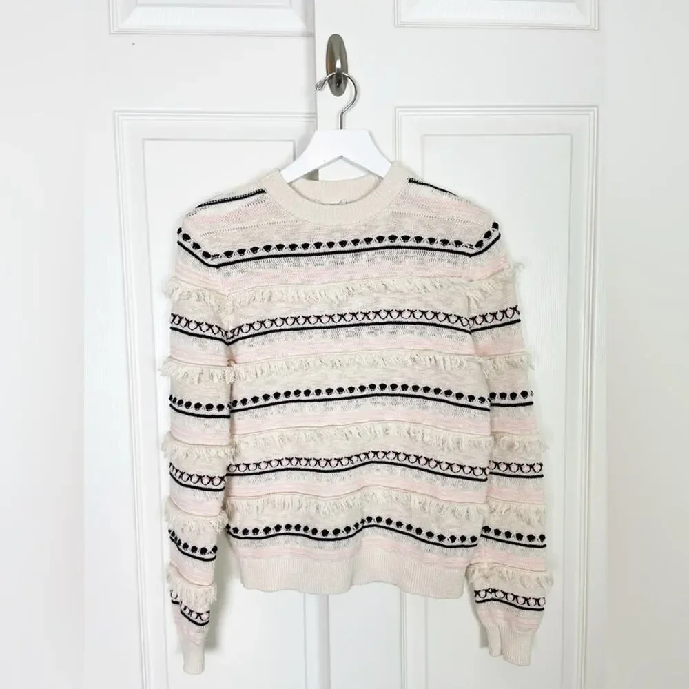 & Other Stories Striped Fringe Trim Sweater Blush Pink Cream Cotton Blend Sz S